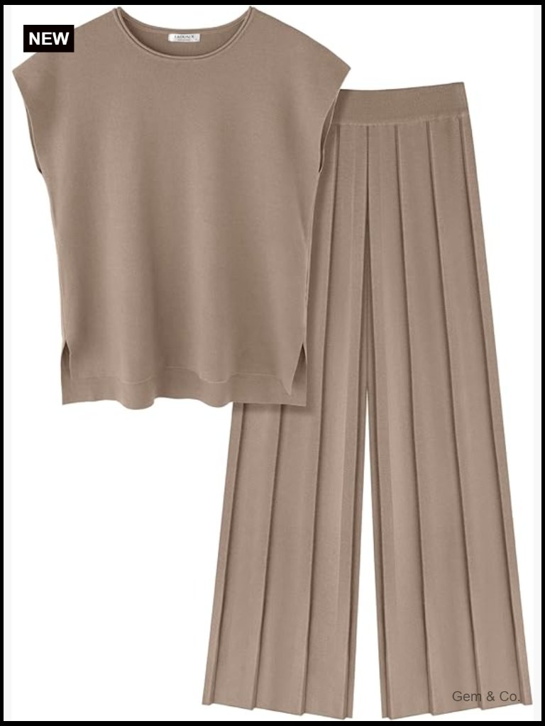 Two Piece Lounge Set - Knit Cap Sleeve Top & Wide Leg Pleated Pants